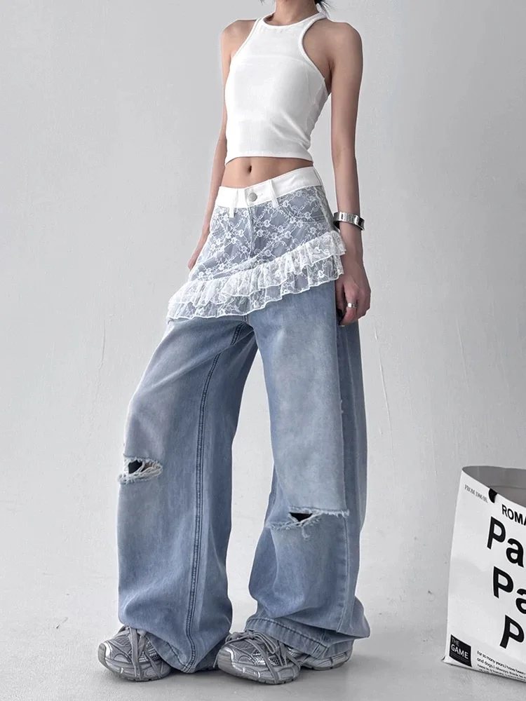 Blaue, gespleißte, zerrissene Spitzenjeans für Damen, Harajuku-Stil, modisch, koreanisch, 2025, Sommer, neue hohe Taille, lose breite Beine, schwimmende Hose