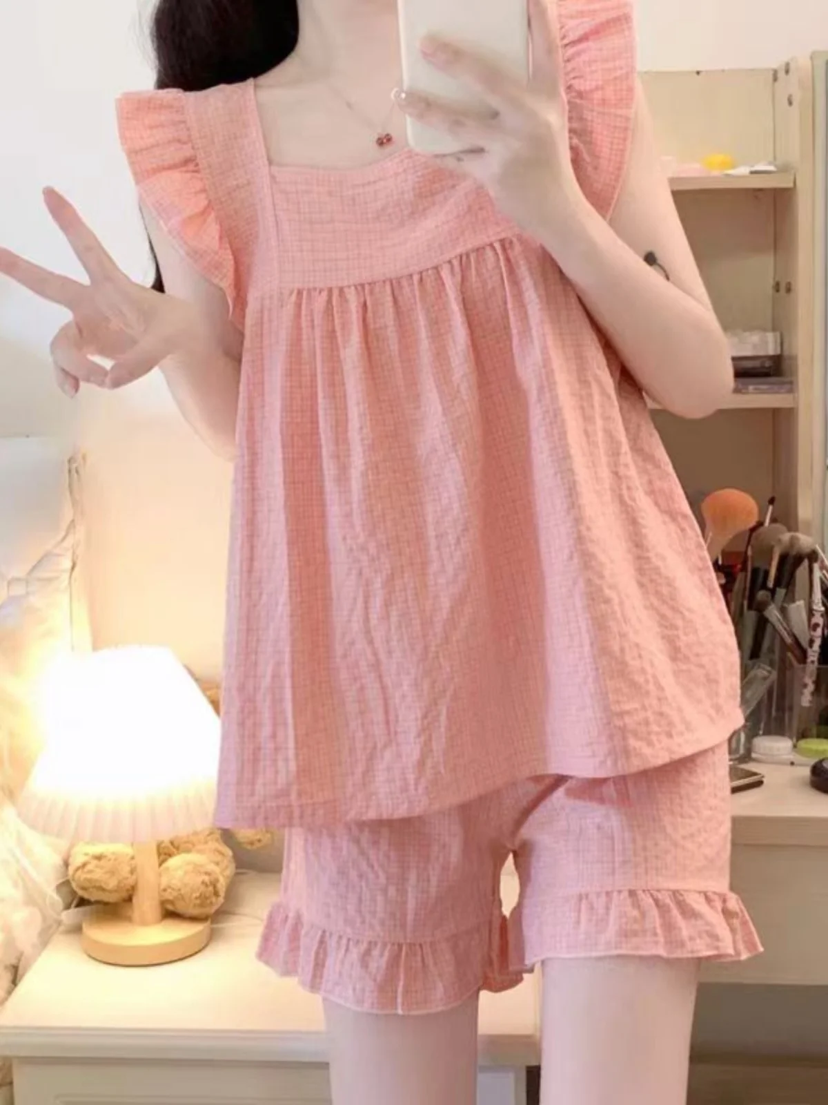 Summer INS Style Women's Sleepwear Set Strap Bubble Cotton Plaid Home Clothes Lightweight Weave Cotton Short Sleeveless Night...
