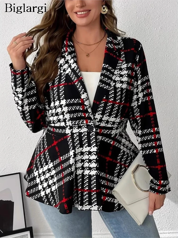 Plus Size Autumn Houndstooth Plaid Print Coat Women Fashion V-Neck Ladies Jackets Loose Long Sleeve Woman Blazer Suits Coats