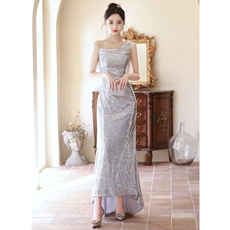 Silver Sequin Evening Dress Women Spaghetti Strap Backless Prom Gown Elegant Modern Sleeveless Fishtail Cocktail Dresses