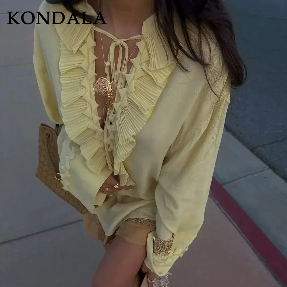 KONDALA 2025 الربيع الصيف عادية زبدة الأصفر النساء الدعاوى موضة الخامس الرقبة Ruched رقيقة قمصان شيك الرباط فضفاض سيدة التنانير