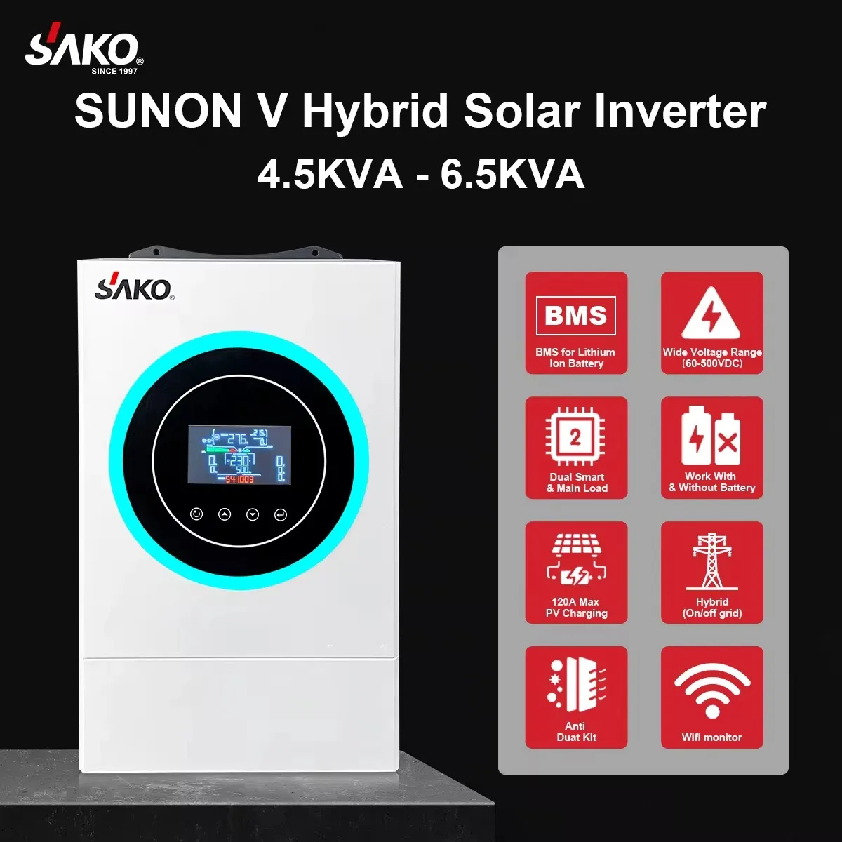 SAKO Sunon V 6,2KVA 6200W 48V Hybrid-Solarwechselrichter, 120A MPPT, 60-450V PV-Eingang, Batterielos, Doppelausgang, BMS, Reine Sinuswelle – Detail 5