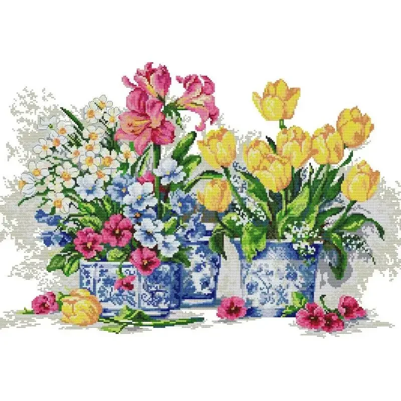 

Potted Flowers NKF Counted Cross Stitch DIY Floral Pattern Embroidery Kit Aida 14/16/11CT Canvas Printed Fabric Needlework Set