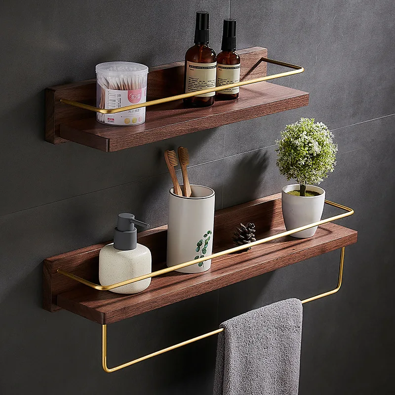 Light Luxury Bathroom Towel Holder Black Walnut Wall Shelf Multifunctional Storage Shelf Stable Load-bearing Shampoo Holder