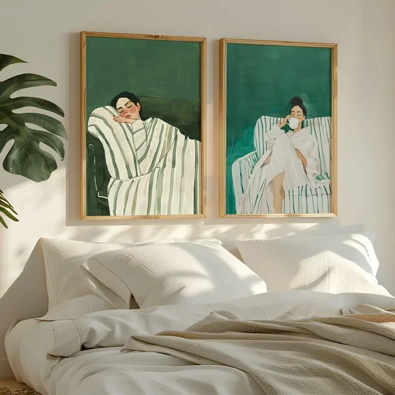 2pcs Frameless,2D Flat ,2pcs/Set Abstract Figure Emerald Green Striped Woman Canvas Poster Minimalist Large-scale Art Wall Home