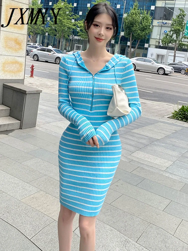 JXMYY Spring and Autumn Fashion New Product Simple Hooded Zipper Slim Fit Long Sleeved Striped Knitted Hip Hugging Dress