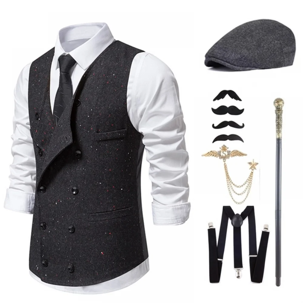 1920s Mens Costume Accessories Set Mens Steampunk Waistcoat Gangster Vest Pocket Watch 20s Gangster Costumes Men Halloween Party