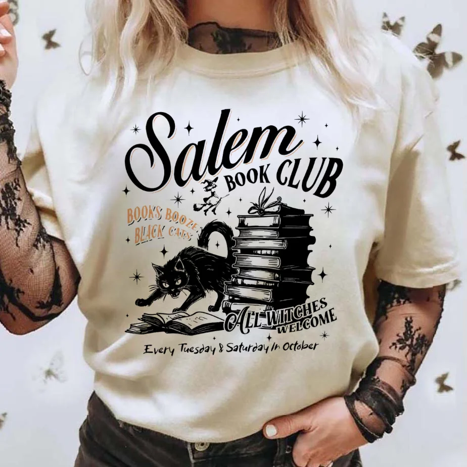 Black Cat Salem Book Club All Witches Welcome T-Shirt Fashion Pattern Top Short Sleeve Summer Shirt Printed Retro Women's T-Shir