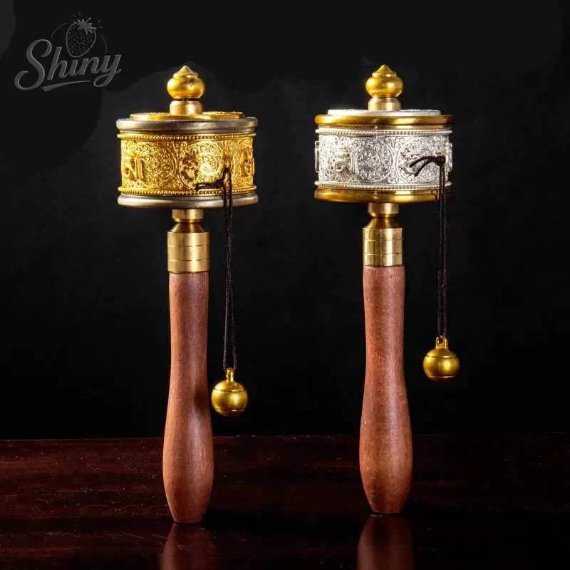 

19.5cm Gold/Silver Alloy Copper Tranic Buddhist Clear Six Words Scriptures Smooth Hand Cranking Prayer Wheel Religious Products