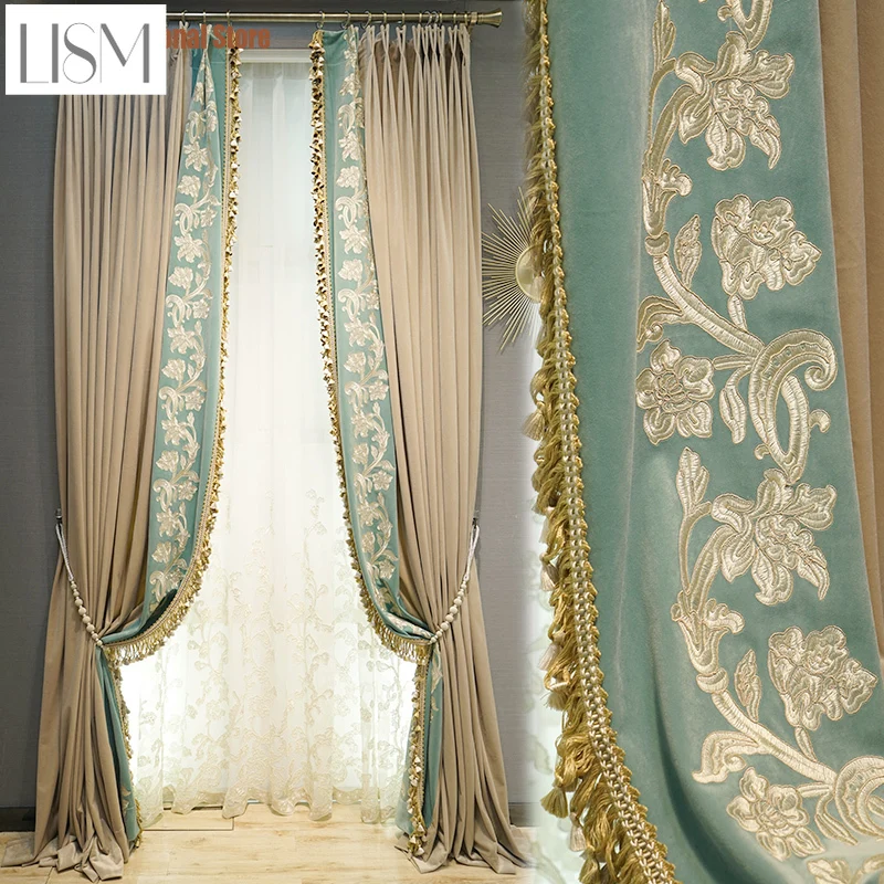 

High-end French Romantic Embroidery Flocking Lace Stitching Flannel Thickening Blackout Curtains for Living Room Bedroom