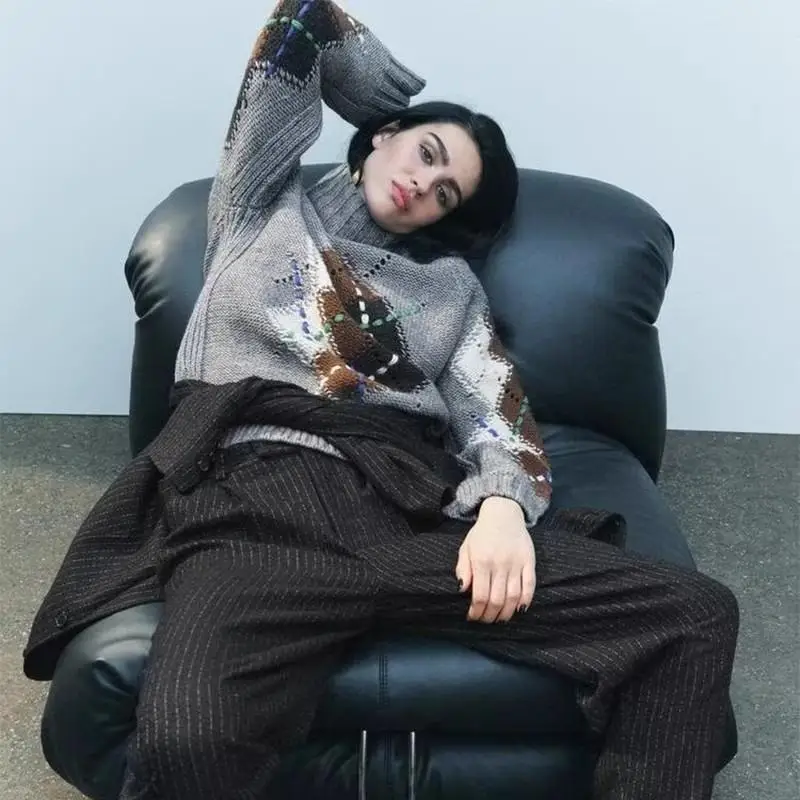 

New 2024 Autumn Winter Women's Knitted Long Sve Diamond Pattern Casual Stand Collar Sweater Sweet Sle Loose Fit round Ne