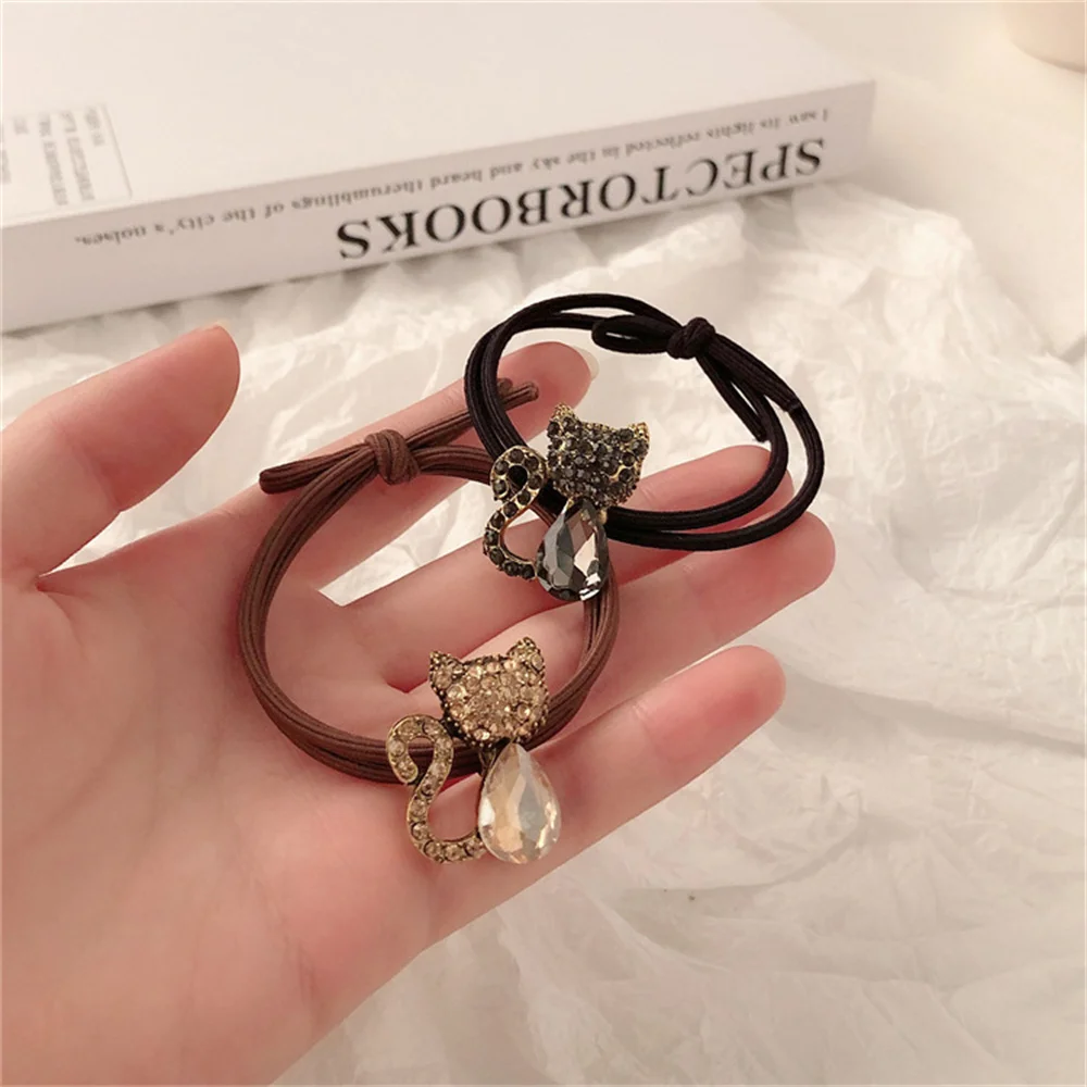 INS Korea New Exquisite Rope Female Crystal Cat Temperament Elegant Women Girls Net Red Tie Hair Rubber Band Holder Jewelry