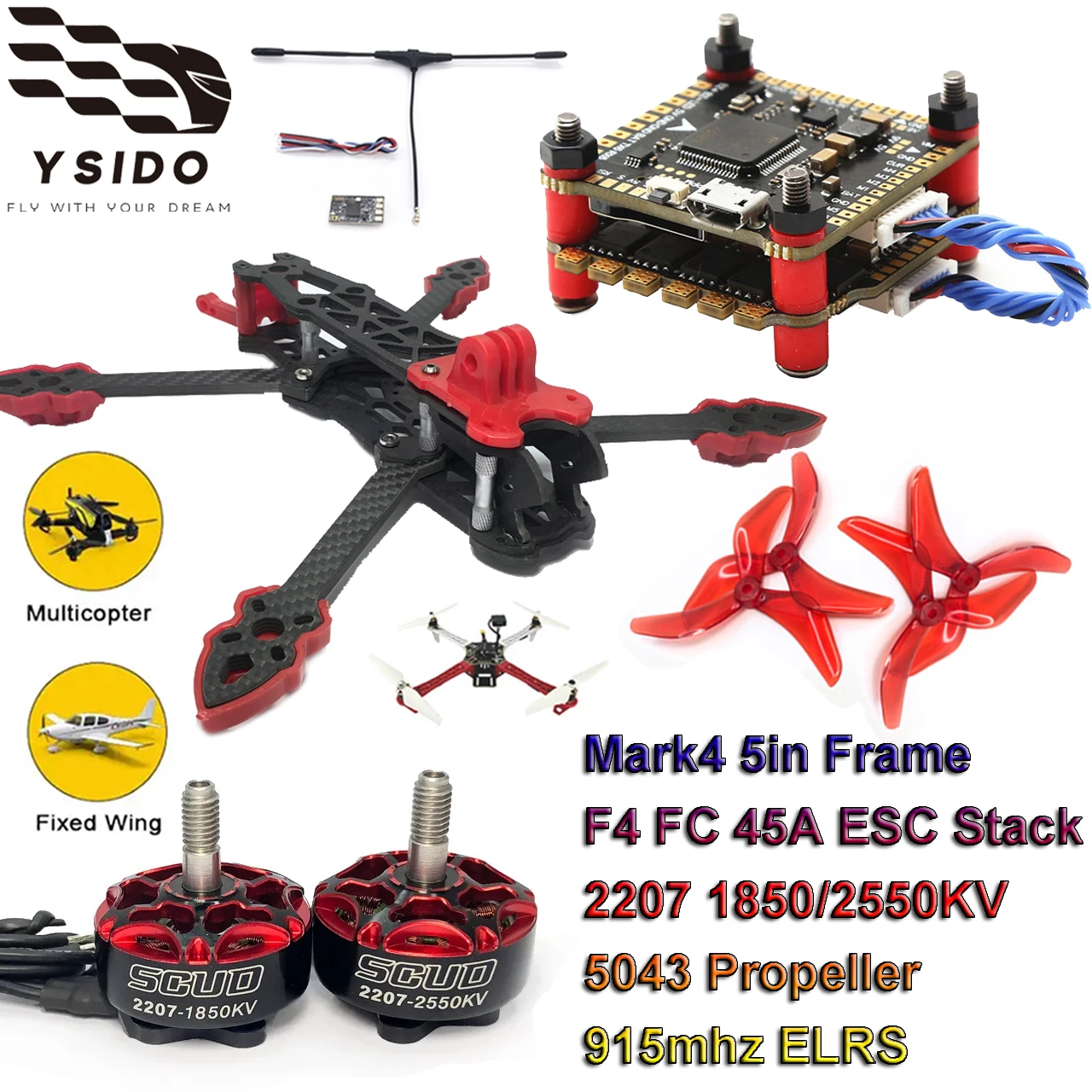 

Mark4 5in FPV Carbon Fiber Frame F4 FC 45A ESC Stack 2207 1850/2550KV Brushless Motor 5043 Propeller for RC 5" Freestyle Drone