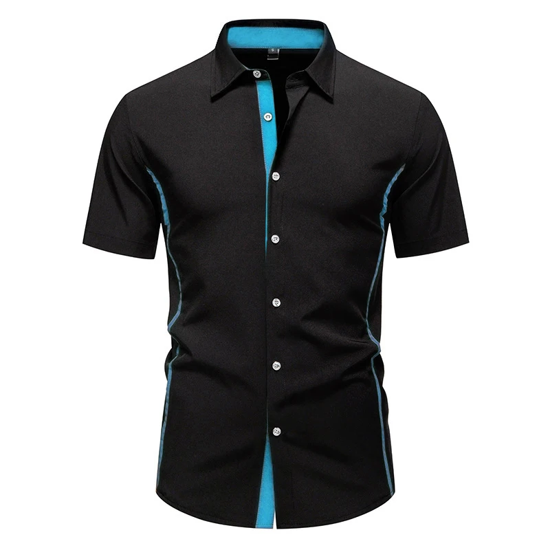 Summer Elastic Formal Business Shirts Men Button Down Contrast Color Shirt Man Y2K Old Money Clothing Style Short Sleeved Tops B