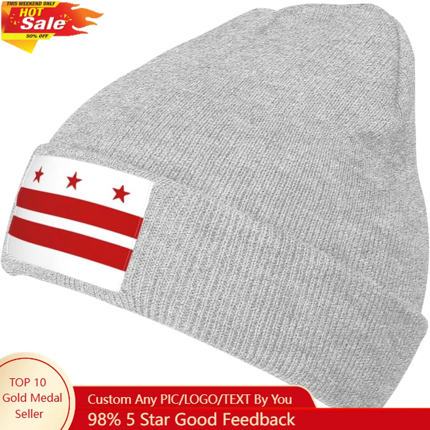 

Patriotic State Flag of Washington D.C. Knit Beanie Winter Hats for Men and Women Knitted Cuffed Skull Cap
