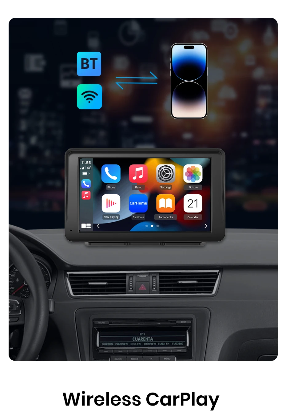 Junsun 7-Zoll tragbarer Touchscreen Carplay für Apple Android Auto Auto Stereo Radio Multimedia Video Player Bluetooth FM AUX GPS – Detail 4