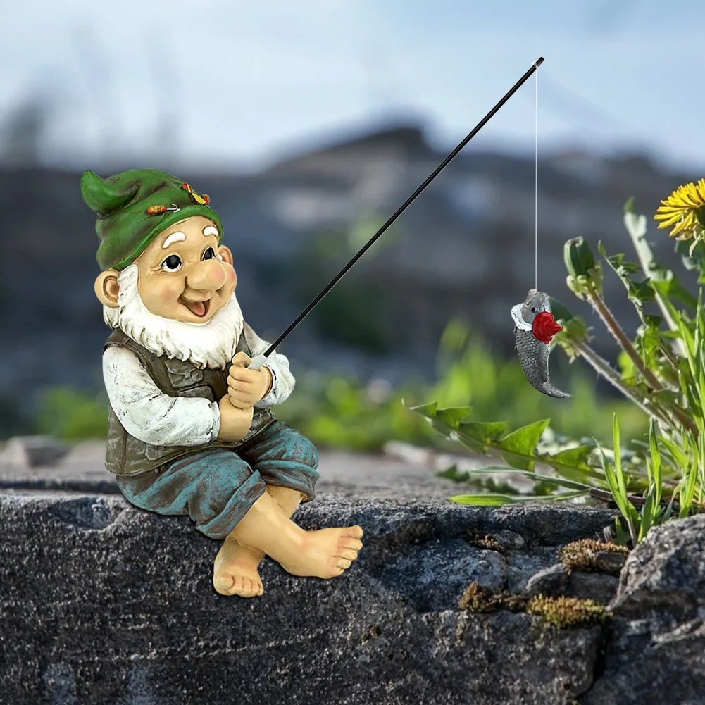 Fishing Gnome Sitter Dwarf Elf Garden Statue Gift Outdoor Courtyard Decoration