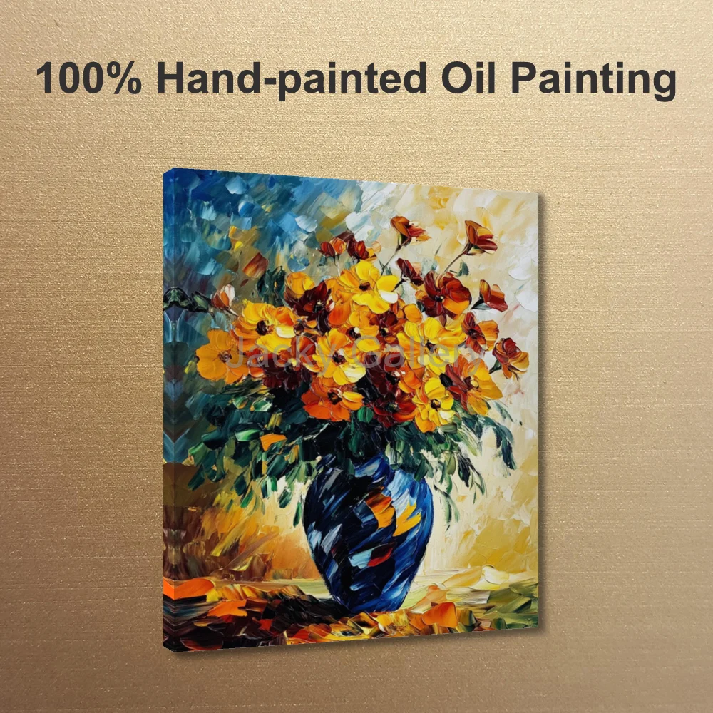 Framed Hand Painted Palette Knife Colorful Flowers Canvas Wall Art Modern Floral Still Life Oil Painting for Dining Room Decor