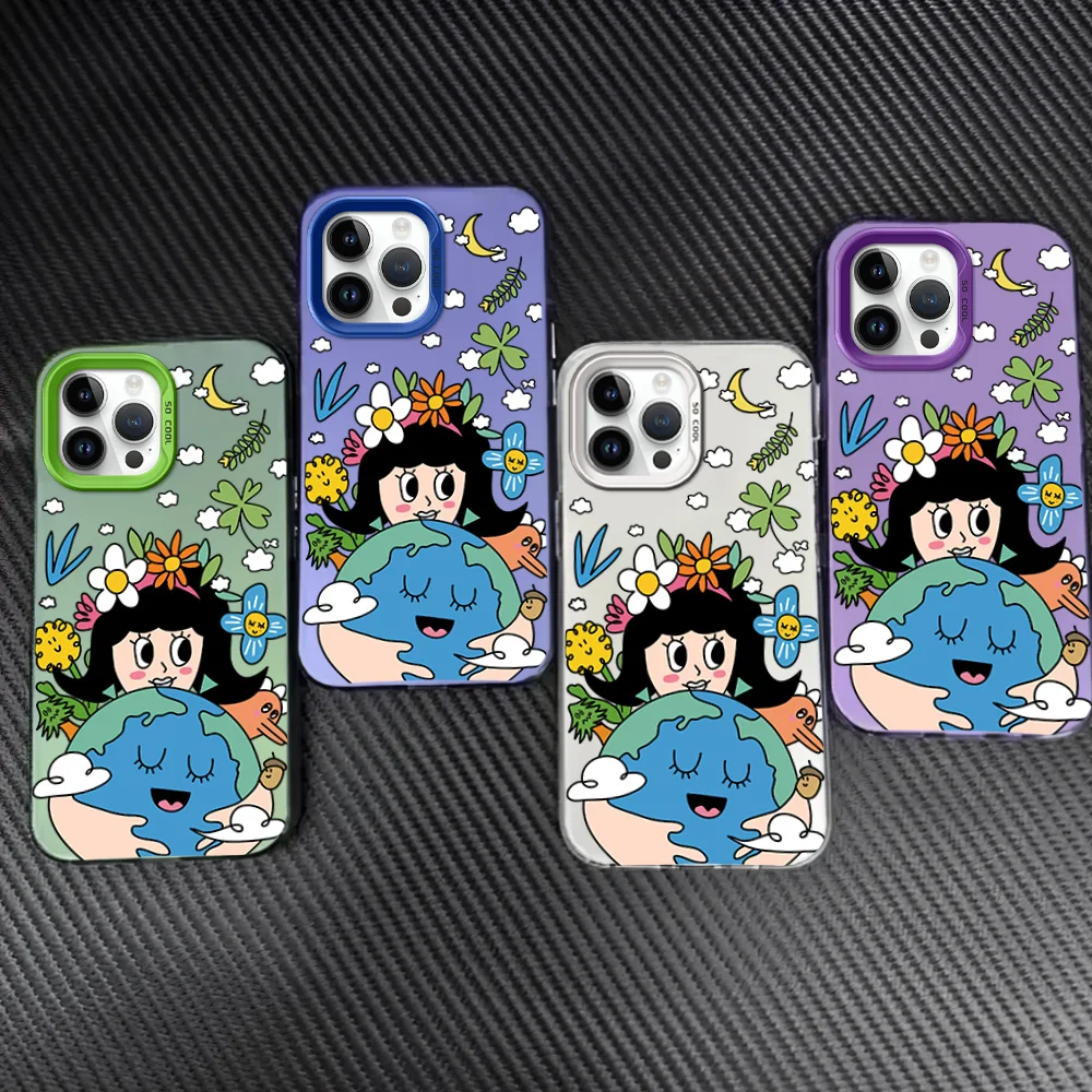 Cute Embracing Earth Illustration Art Cartoon Phone Case For iPhone 12 11 13 14 15 16 Max Pro Plus So Cool Cover