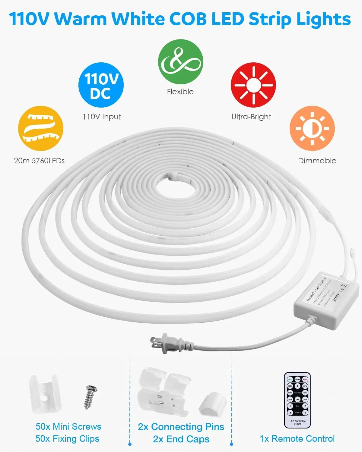 Aclorol 65.6Ft Cob Led Strip Lights Warm White Ac 100V-120V Waterproof Flexible Cob Light Strip With Remote Control Dimmable