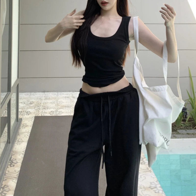 2024 Summer New Korean High Waist Drawstring Loose Casual Wide Leg Pants Women + Solid Color Sexy Camisole Two-piece Suit