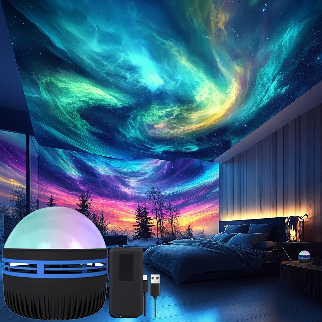 1pc LED Northern Lights Projection Lamp,Aurora Borealis Effect,Remote Control,USB Powered,Color-Changing Light,For Bedroom Decor