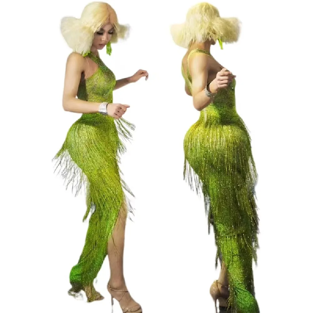 New party dress,long fringed sexy elastic dress,perspective suspender hip skirt,high-quality performance Costume,Dancing Costume