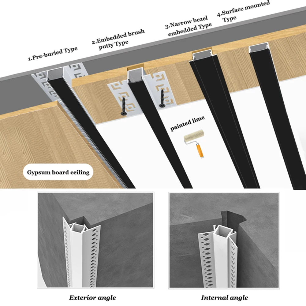 1M/pcs Led Linear Aluminum Profile Channel Diffuser for Corner Ceiling Wall Indoor Decor Lighting Recessed Led Bar Strip Profile