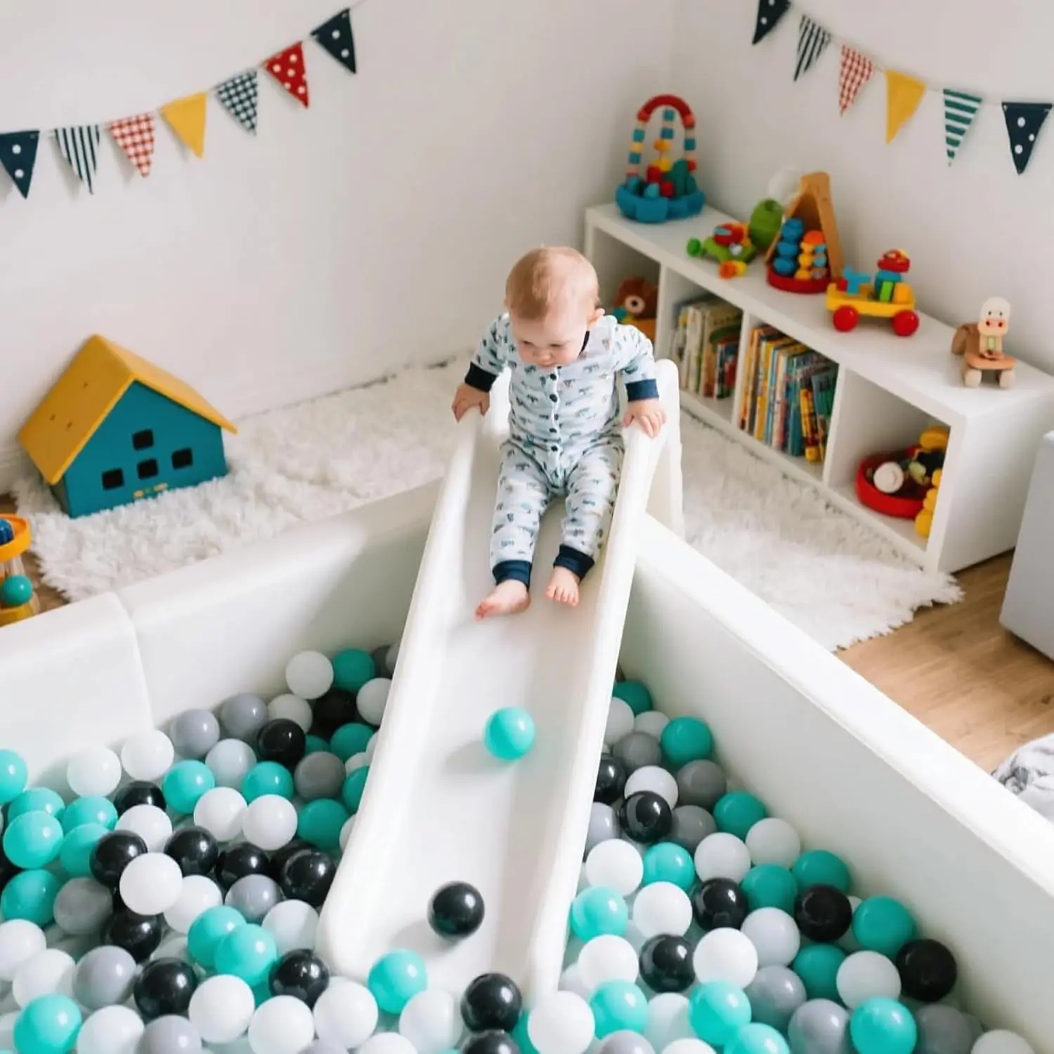 부드러운 플라스틱 볼 풀 공, 100개 민트 그린+블랙/그레이/화이트 플라스틱 장난감 공, 파티용 크러쉬 프루프 스트레스 볼