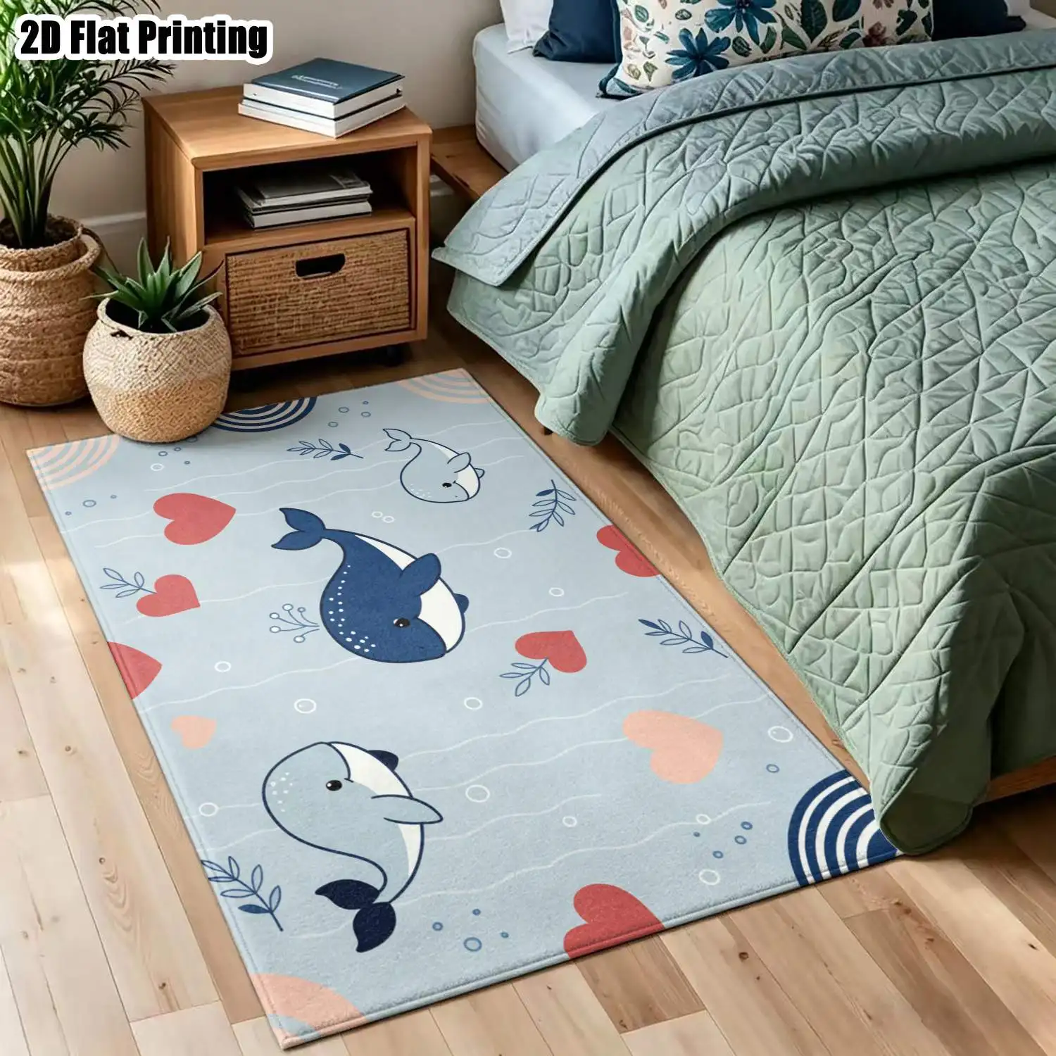 1Pc 2D Printed Carpet: Blue-Grey Heart&Whale, Nordic/Instagram Style, Modern Minimalist, Multi-Size, Machine Washable, Ideal for Home Decor, Multi-Scene Use