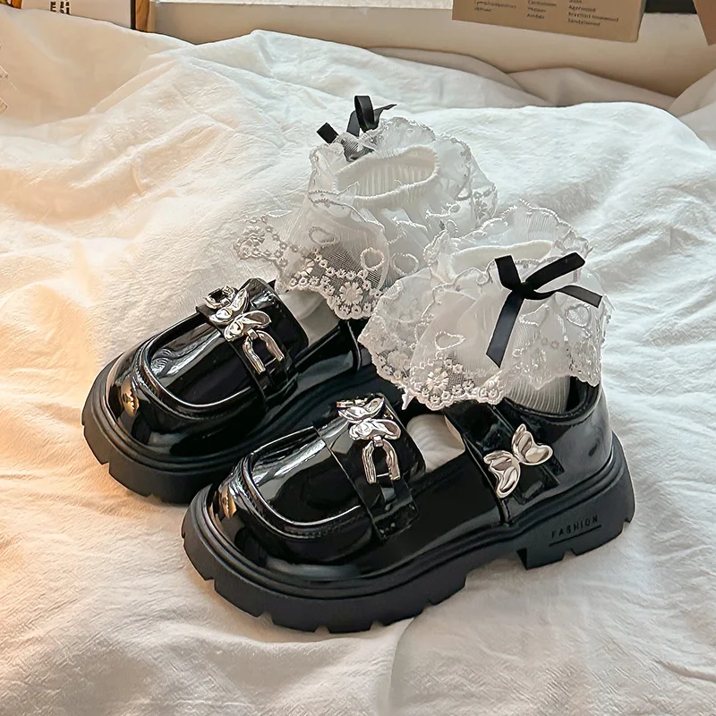 Little Girls Chunky Loafers with Bowknot 2026 New Autumn Toddler Princess Mary Jane Shoes PU Patent Leather Kids School Shoes