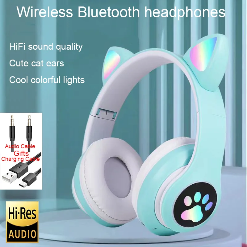 

Bluetooth Headphones Cute Cat Ear with Mic and Flash LED Stereo Music Game Wireless Headsets Foldable Earphones Gifts Suport TF