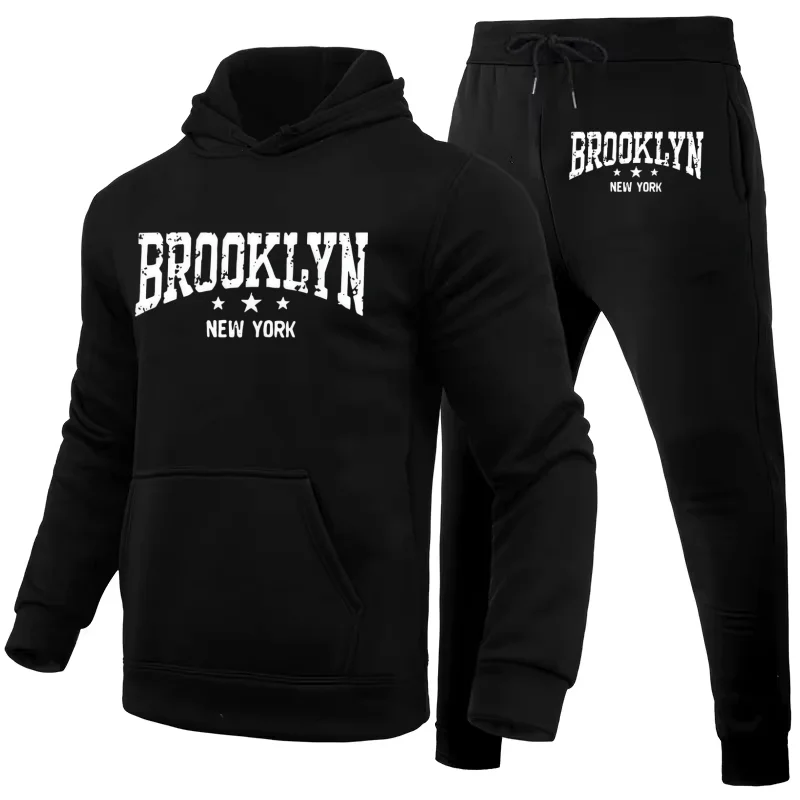 

2026 Men's Hooded Pullover + Casual Pants 2-Piece Winter Thermal Print with Pockets Cotton Home Outdoor Sportswear