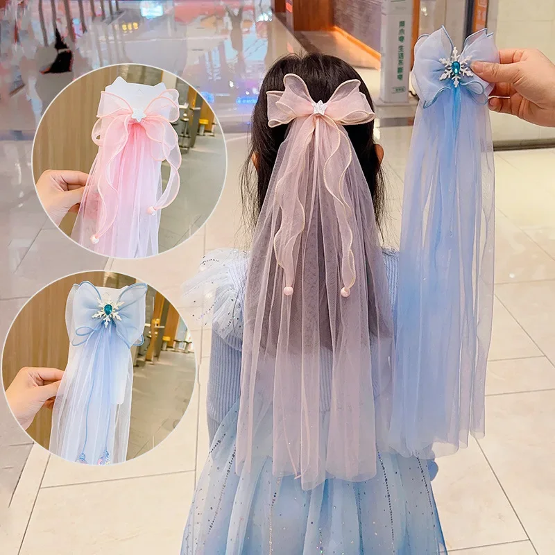 Girls Princess Korean Version Long Gauze Wedding Headwear Children\'s Cute Crown Float Yarn Hairpin Girls\' Veil Hair Accessories