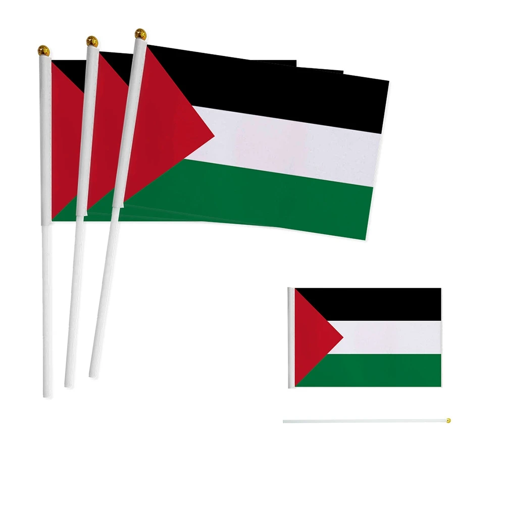 10Pcs Small Palestine Flag 14x21cm Portable Hand Waving Palestinian Banner Polyester Fade-Resistance Plastic Flagpole for Events