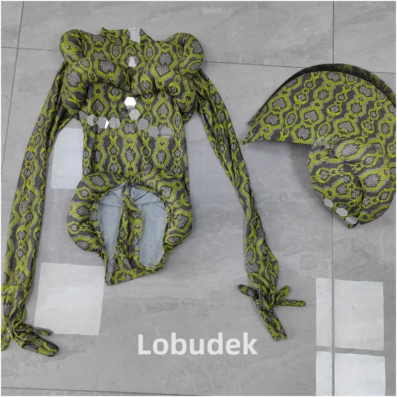 Snake Role Playing Cosplay Drag Queen Costume Bar Show Stage Wear Printed Bodysuit With Headdress Halloween Party Rave Outfit