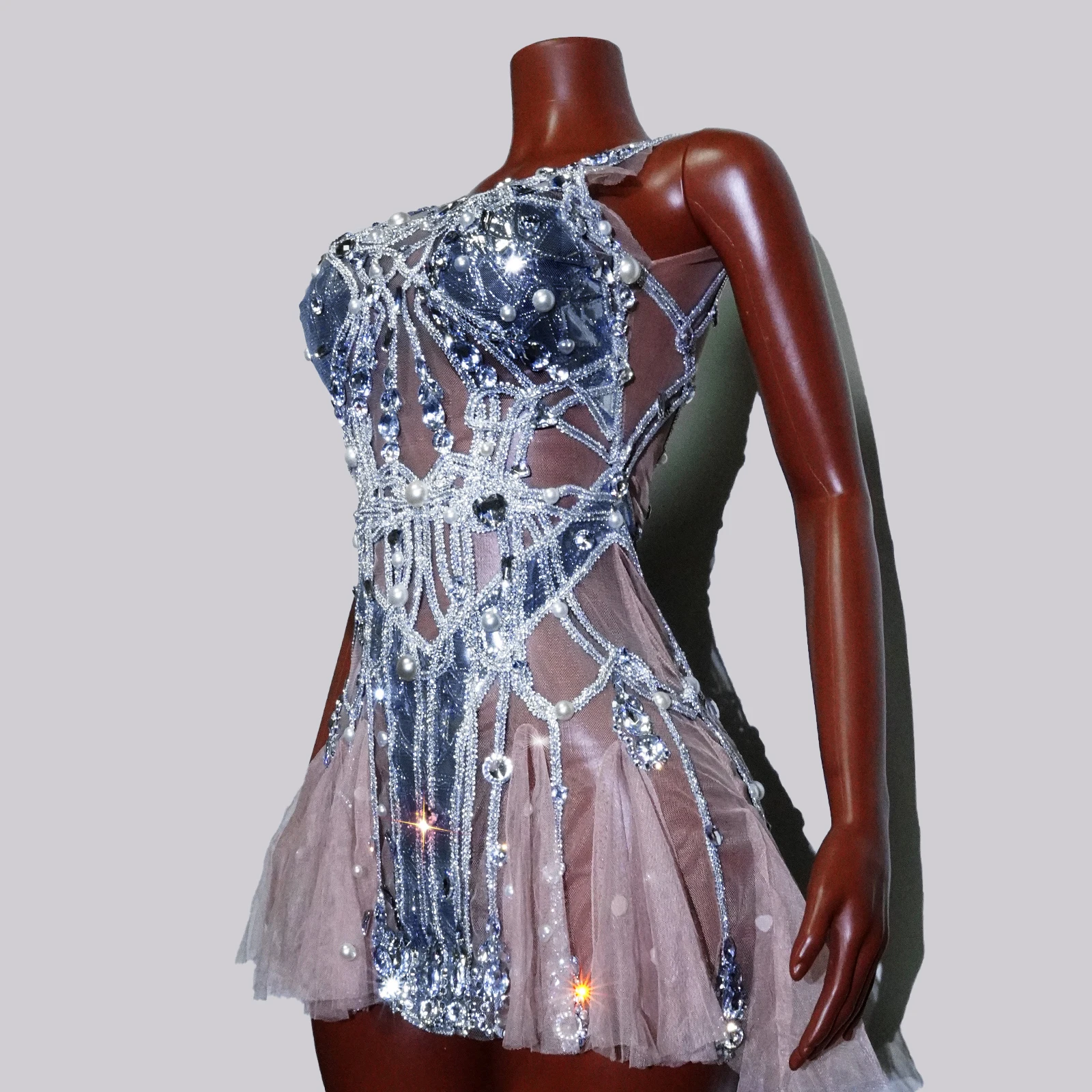 Glitter White Crystal See-through Dresses Drag Queens Costume Pole Dance Wear Gogo Dancer Outfit NightClub Stage Show Birthday