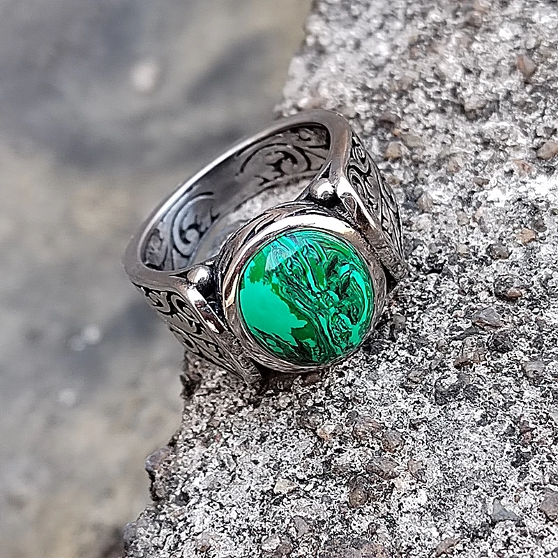 Genuine Malachite Ring Vintage Gothic Natural Gemstone Jewelry 316L Stainless Steel Rings for Men Women Boyfriend Birthday Gift