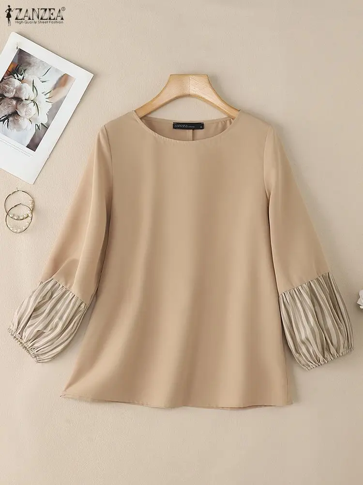 بلوزة خريف 2025 من ZANZEA بلوزات نسائية أنيقة بياقة دائرية وأكمام طويلة بلوزات نسائية للعمل OL قميص فضفاض غير رسمي مُزين بقطع القماش