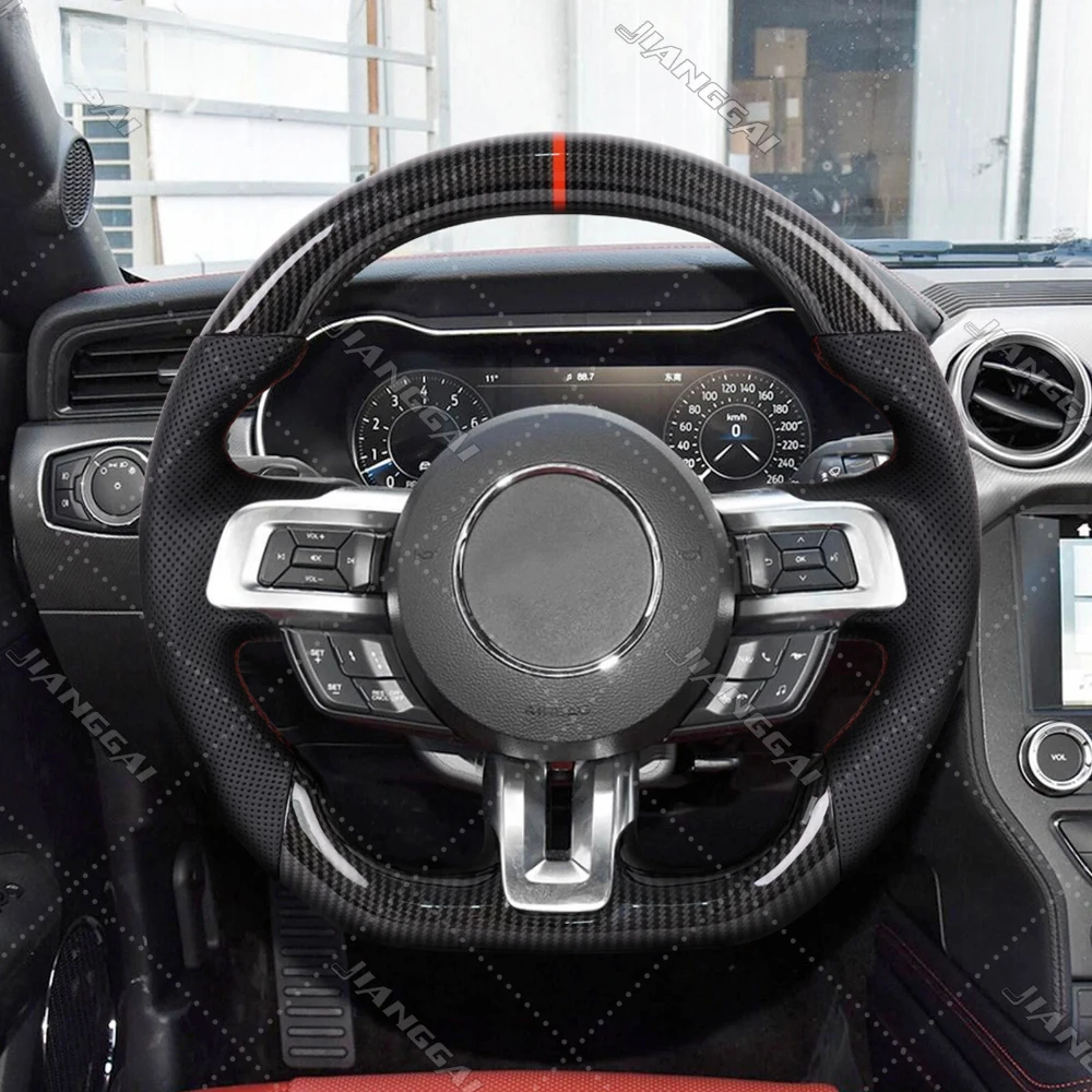 

Hydro-Dip Carbon Fiber Steering Wheel D-Type Flat-Bottom Red Stitching Center Line For Ford MUSTANG GT 2015-2017 Car Accessories