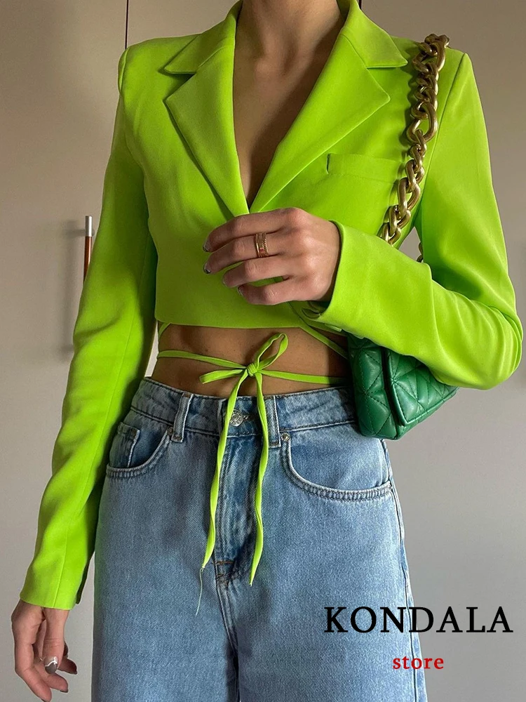 KONDALA Y2K Streetwear Solid Green Short Blazers Girls Deep V Neck Lace Up Sexy Jackets Female Elegant Mujer Tops