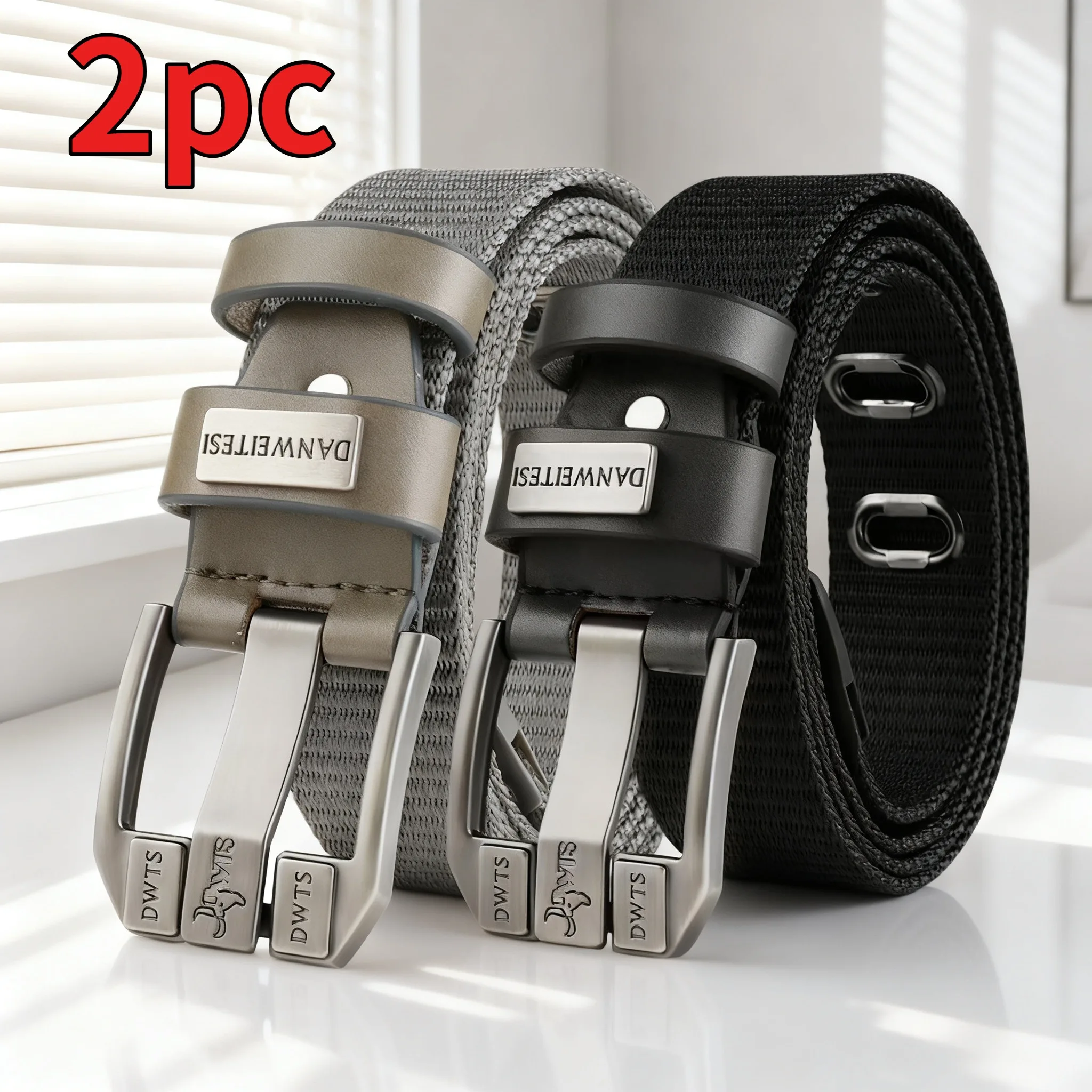 2-pack  Men's Nylon Needle Buckle Waist Belt Black Grey Dual Color Porous Breathable Belt Outdoor Casual Jeans Pants Belt