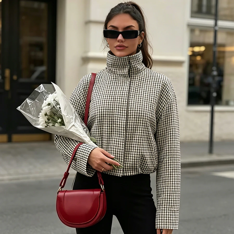 Damen Mode Gepunktete Rosa Jacke Elegante Einreihige Hochkragen-Jacke mit Kordelzug Herbst Damen Streetwear Oberbekleidung