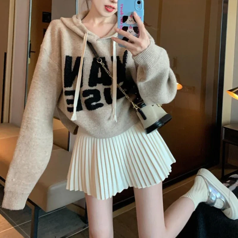 

Women's Autumn Winter New Loose Small Knitted Sweater Jacket Geometric Pattern Thickened Korean Style Lazy Casual Letter Hoodie