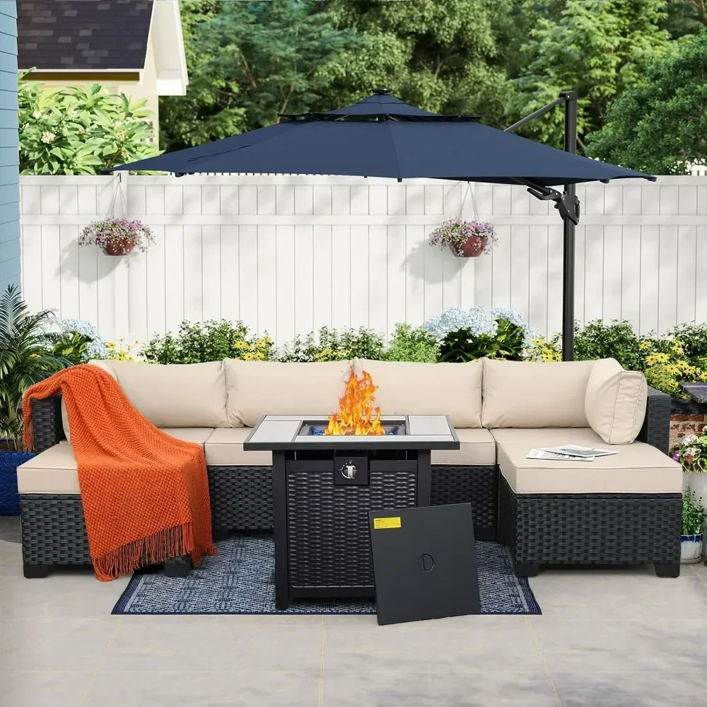 

7 Pieces Outdoor Patio Furniture Set, Black Wicker Sectional Couch, PE Rattan Conversation Sofa Set with Khaki Cushions