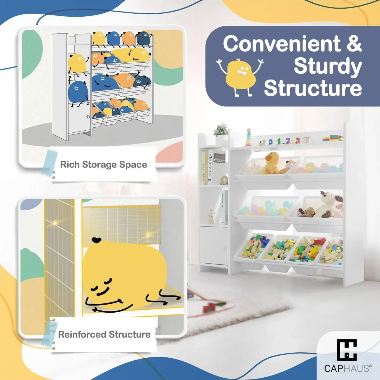 Toy Organizer with 8 White Plastic Bins, Storage Cabinet for Messy Items or Books, Perfect Toy Storage Solution, for Toddler Roo