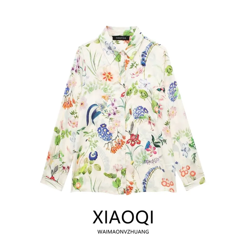 เสื้อผ้าผู้หญิง ฤดูใบไม้ผลิ 2024 ลายดอกไม้แฟชั่น ผ้าไหม ทรงตรงอเนกประสงค์ แขนยาว ความยาวคลาสสิก คุณภาพพรีเมียม