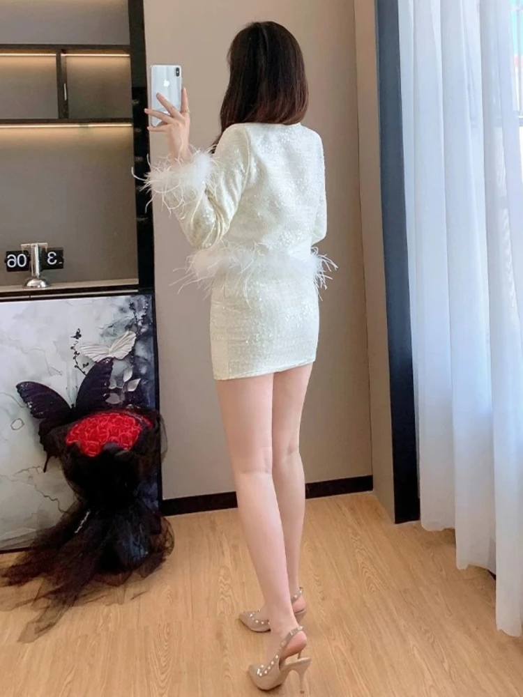 Elegant Chic Jacket Heavy Craft Fur Spliced Short Outerwear Women Winter Light Luxury High Youthful Refined Beaded Sequin Suit view 4