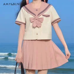 2024 Japanese JK Uniform Sailor Collar Preppy Style Beige Pink Color Matching Short Sleeves Top Pleated Skirt Bow Suit For Girls