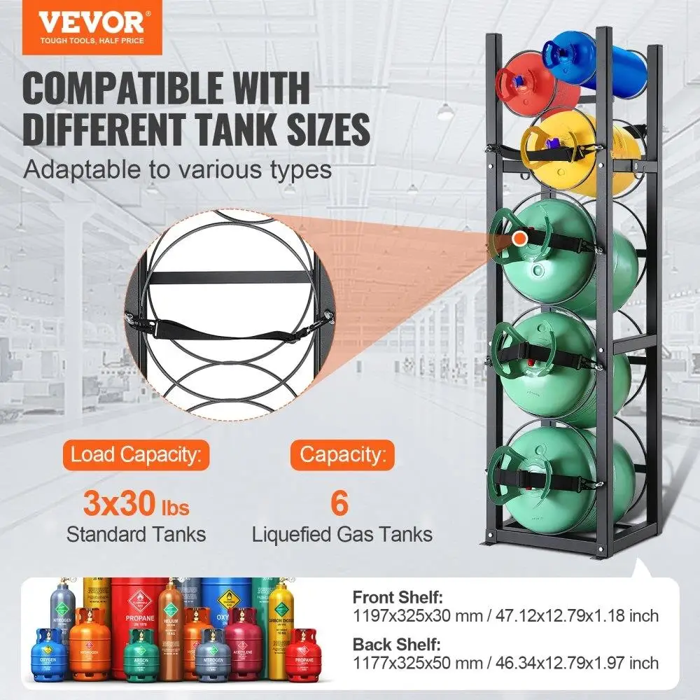 Refrigerant Cylinder Rack for 3 x 30lbs & 3 Small Tanks - Heavy-Duty Holder for , Oxygen, Nitrogen - 12.79x12.99x47.12